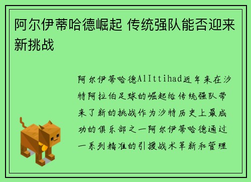 阿尔伊蒂哈德崛起 传统强队能否迎来新挑战